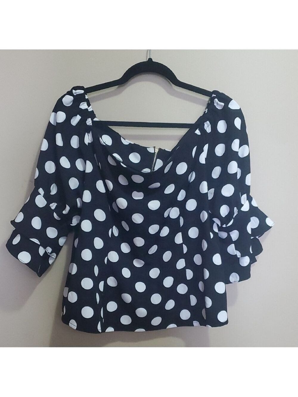 Suzy Shier Black and White Polka Dot Blouse Size XL